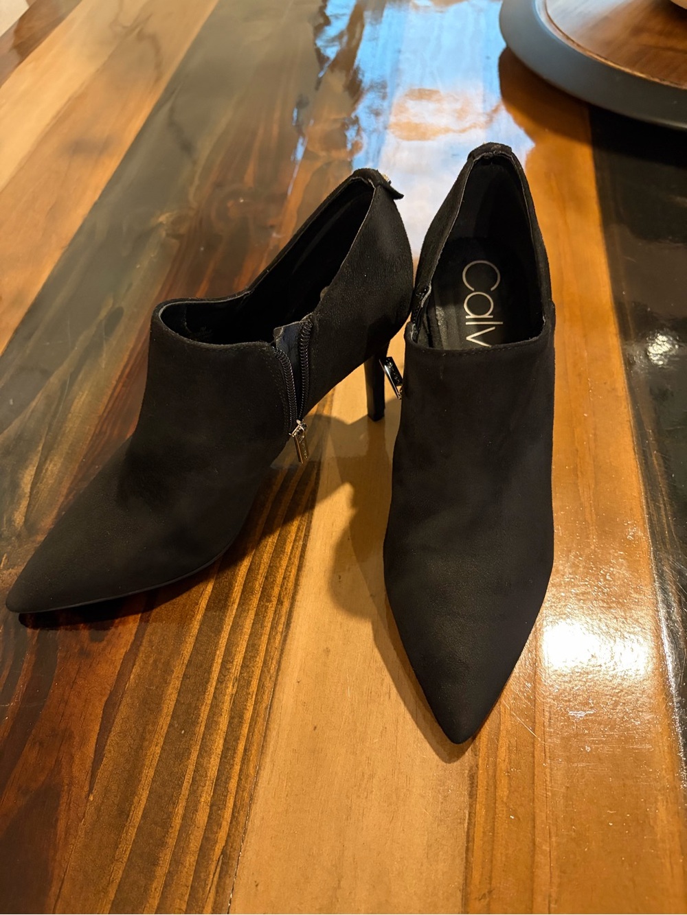 Calvin Klein Black Suede Pointed Toe Ankle Booties